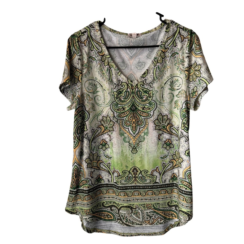 One World Womens Green Paisley Medallion V-Neck Embellished Short Sleeve Top L